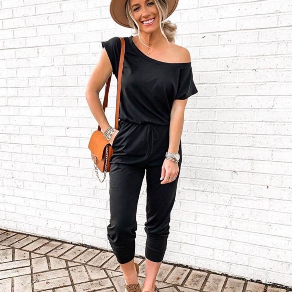 🆕 Women's Loose Solid Off Shoulder Elastic Waist Stretchy Long Romper Jumpsuit